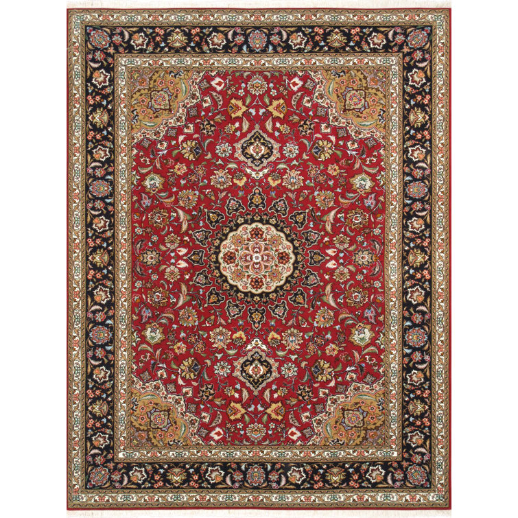 Hand-Knotted Red Floral Wool and Silk Area Rug