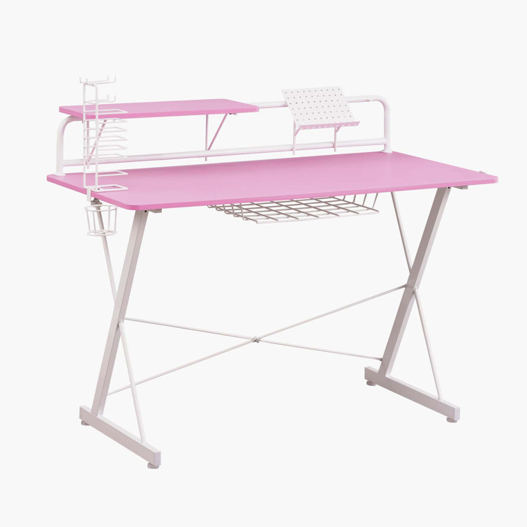 Techni Sport Dual Monitor Carbon Fiber Gaming Desk with Cup Holder - Pink