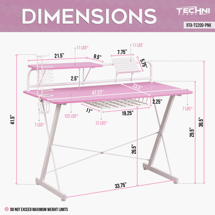 Techni Sport Dual Monitor Carbon Fiber Gaming Desk with Cup Holder - Pink