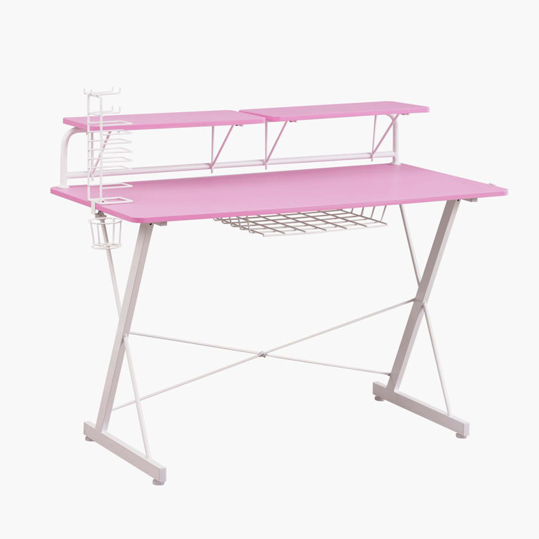 Techni Sport Dual Monitor Carbon Fiber Gaming Desk with Cup Holder - Pink