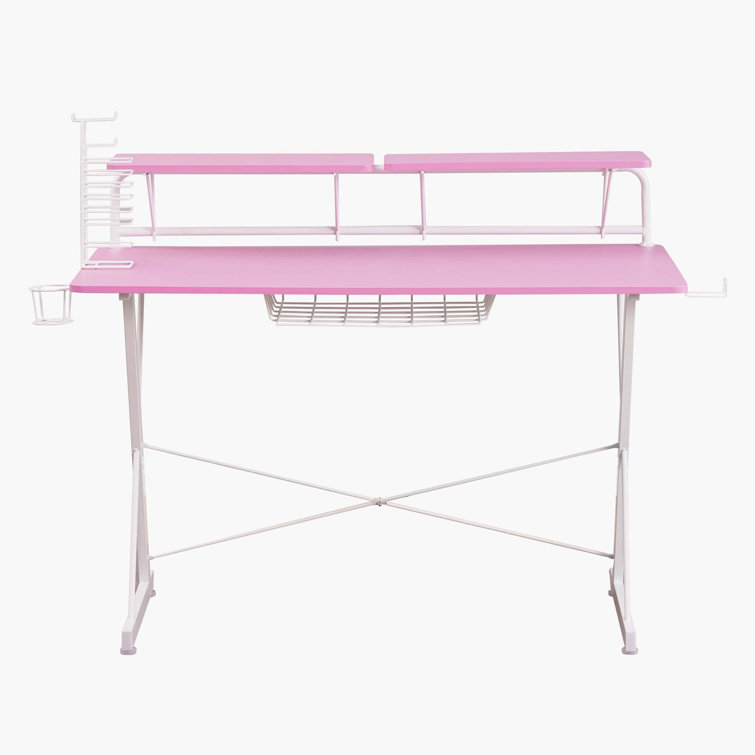 Techni Sport Dual Monitor Carbon Fiber Gaming Desk with Cup Holder - Pink