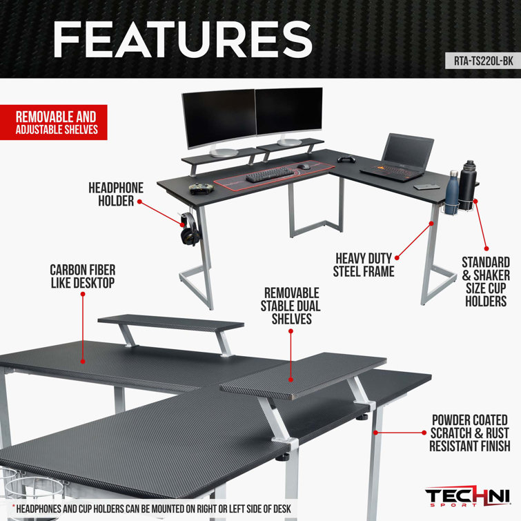 Techni Sport Warrior L-Shaped Gaming Desk with Cup Holders and Headphone Hook