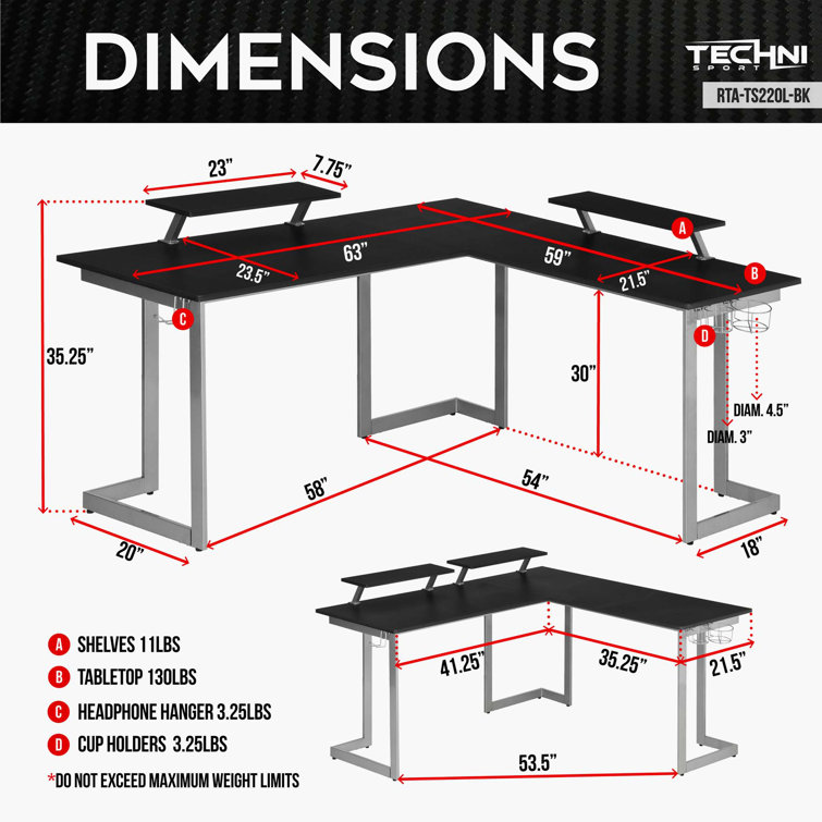 Techni Sport Warrior L-Shaped Gaming Desk with Cup Holders and Headphone Hook