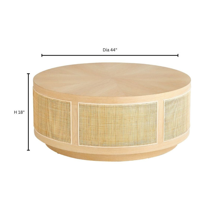 Round Oak and Rattan Outdoor Coffee Table