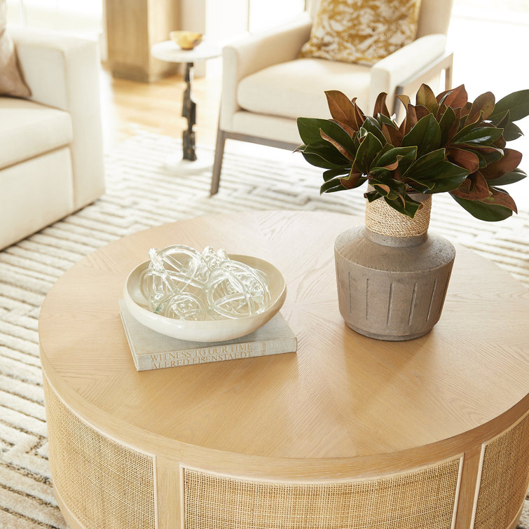 Round Oak and Rattan Outdoor Coffee Table