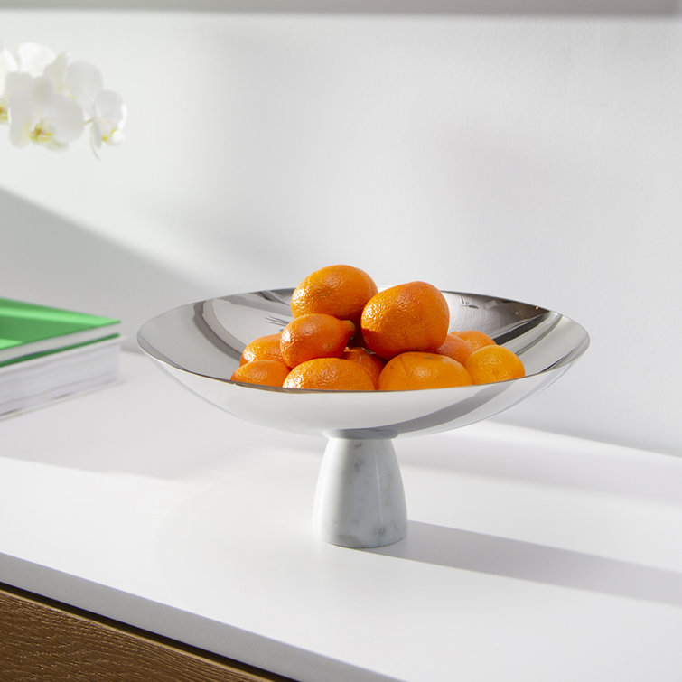 Silver Polished Steel Fruit Bowl with Marble Pedestal