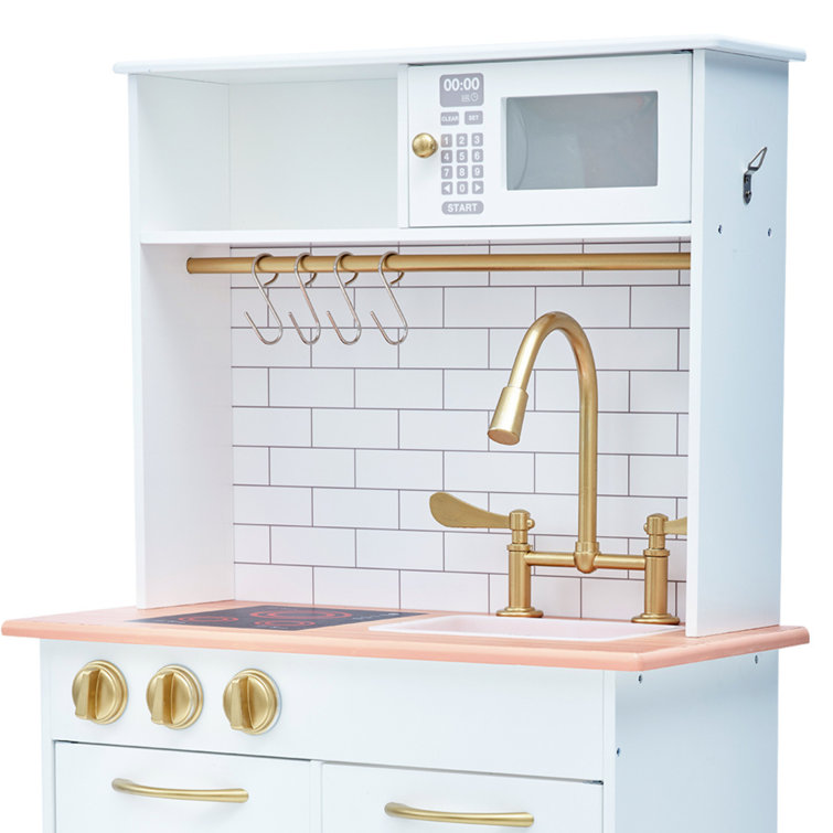 White and Gold Wooden Play Kitchen with Accessories
