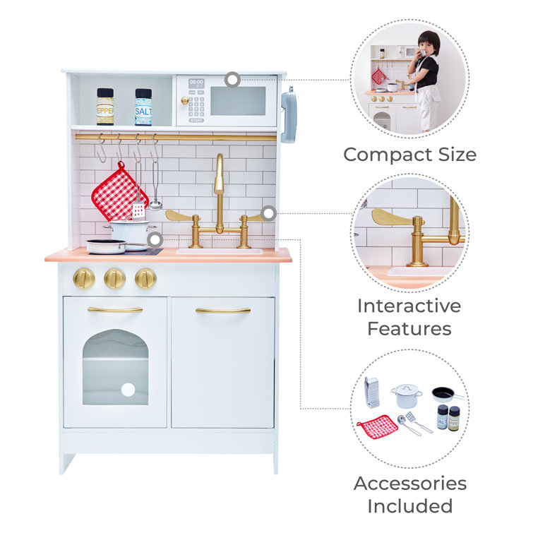 White and Gold Wooden Play Kitchen with Accessories