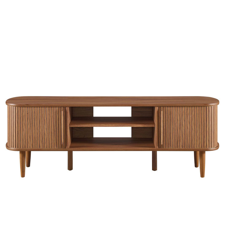 Mid-Century Walnut 55" TV Stand with Adjustable Shelf and Sliding Doors
