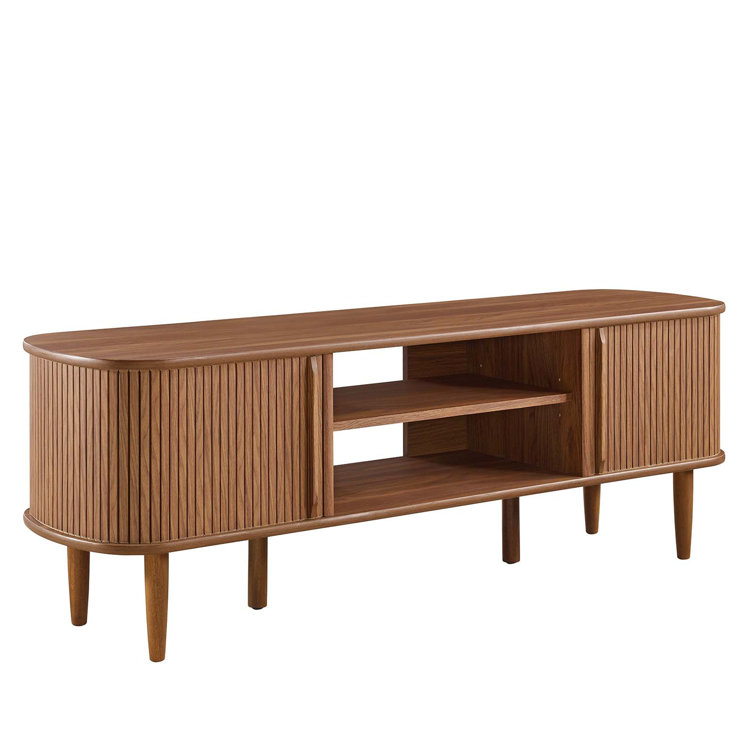Mid-Century Walnut 55" TV Stand with Adjustable Shelf and Sliding Doors