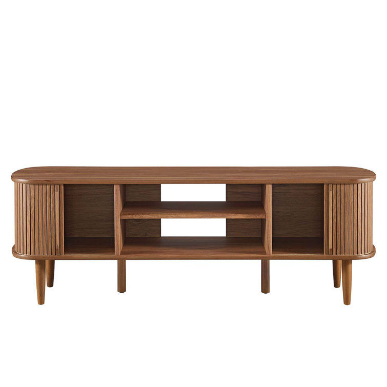 Mid-Century Walnut 55" TV Stand with Adjustable Shelf and Sliding Doors