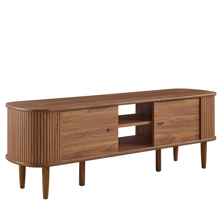 Mid-Century Walnut 55" TV Stand with Adjustable Shelf and Sliding Doors