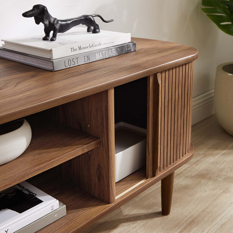 Mid-Century Walnut 55" TV Stand with Adjustable Shelf and Sliding Doors