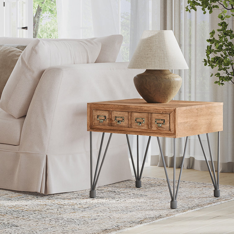 Industrial Brown Wood and Metal Square End Table with Storage
