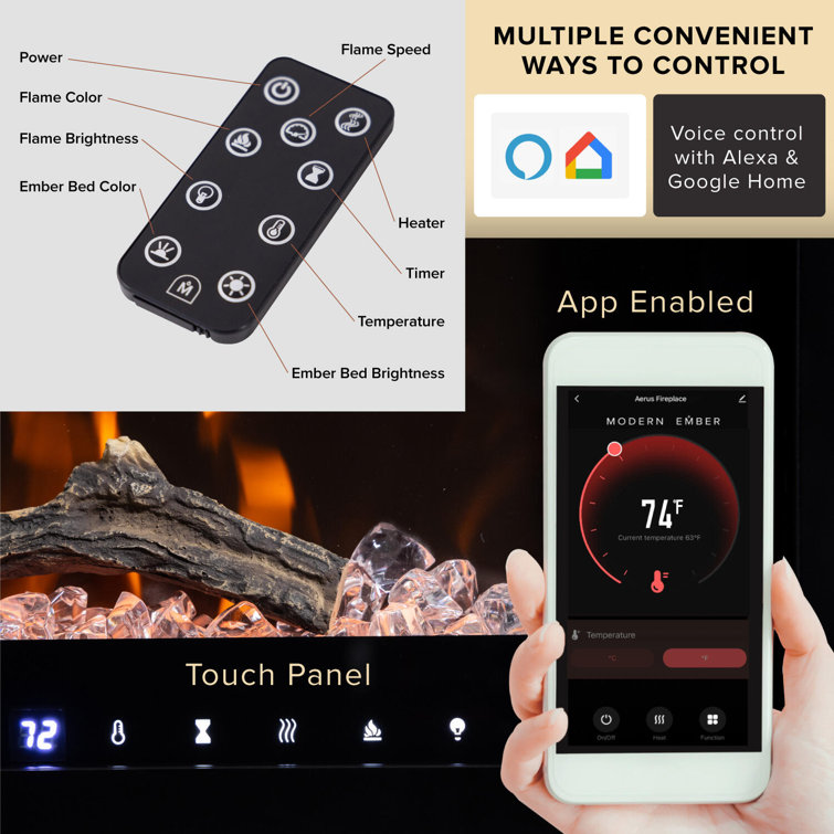 Modern Ember 72-Inch Black Smart Linear Electric Fireplace with LED Flames
