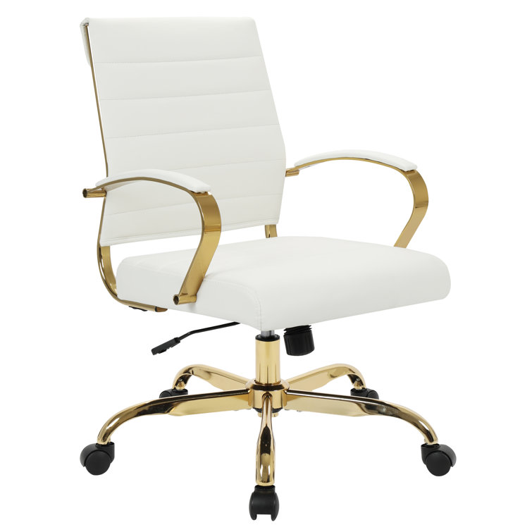 Maykoosh 24" White Leather Swivel Office Chair with Gold Metal Frame