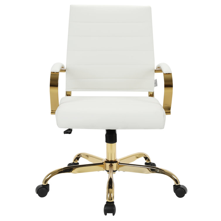 Maykoosh 24" White Leather Swivel Office Chair with Gold Metal Frame