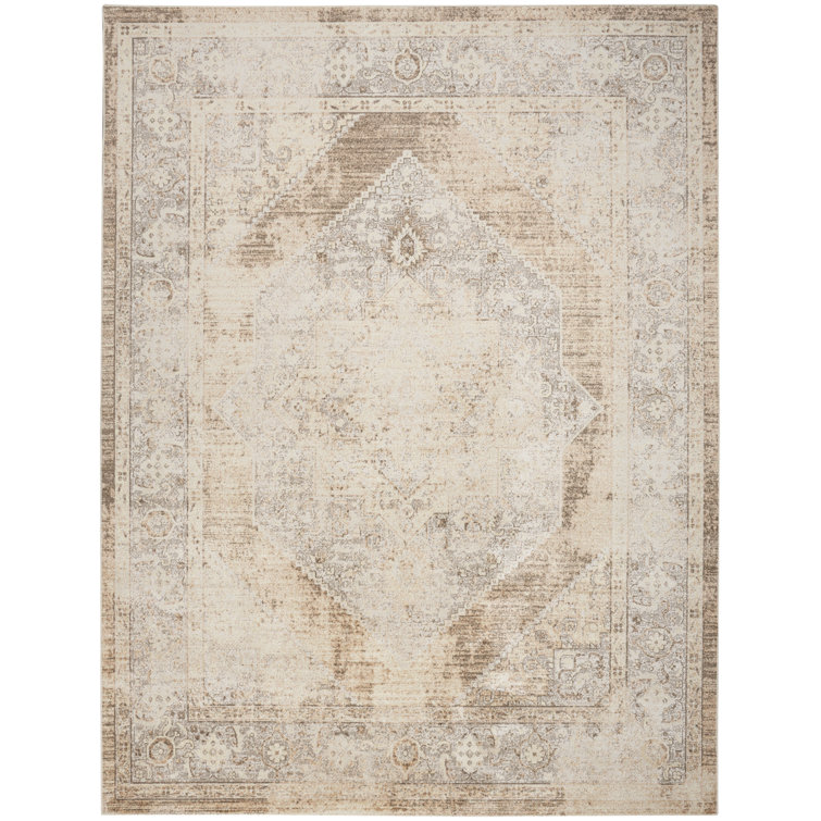 Beige Medallion Washable Synthetic Rectangular Area Rug 6'7" x 9'