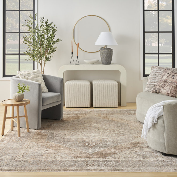Beige Medallion Washable Synthetic Rectangular Area Rug 6'7" x 9'