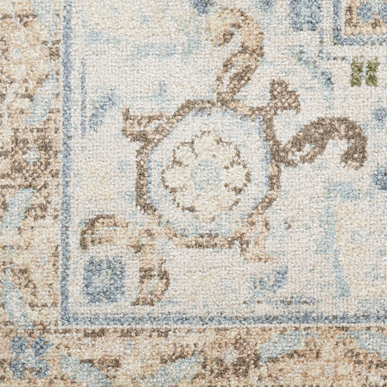 Ivory Blue Round Medallion Machine Washable Area Rug