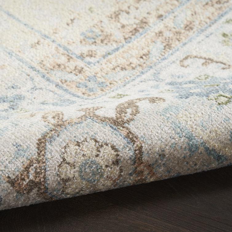Ivory Blue Round Medallion Machine Washable Area Rug