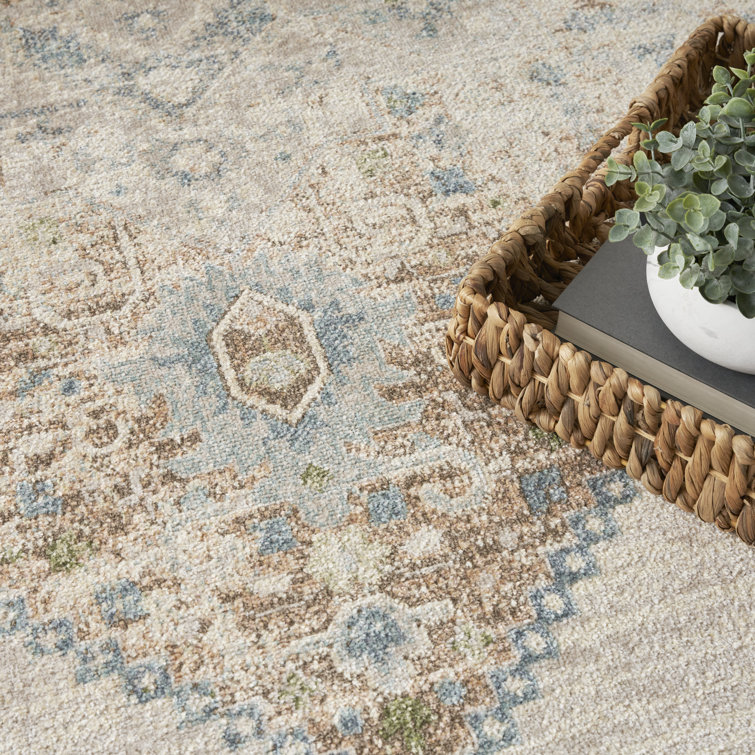 Ivory Blue Round Medallion Machine Washable Area Rug
