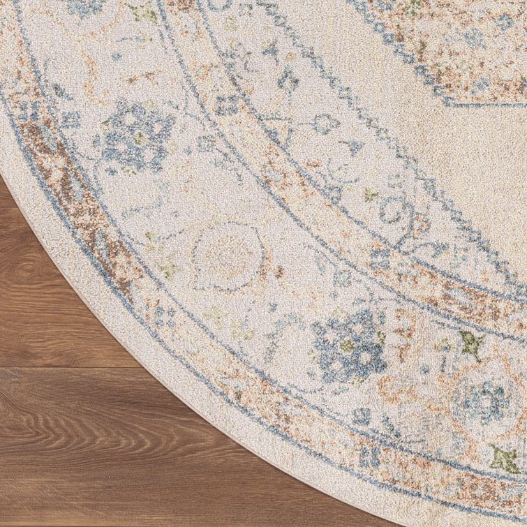 Ivory Blue Round Medallion Machine Washable Area Rug