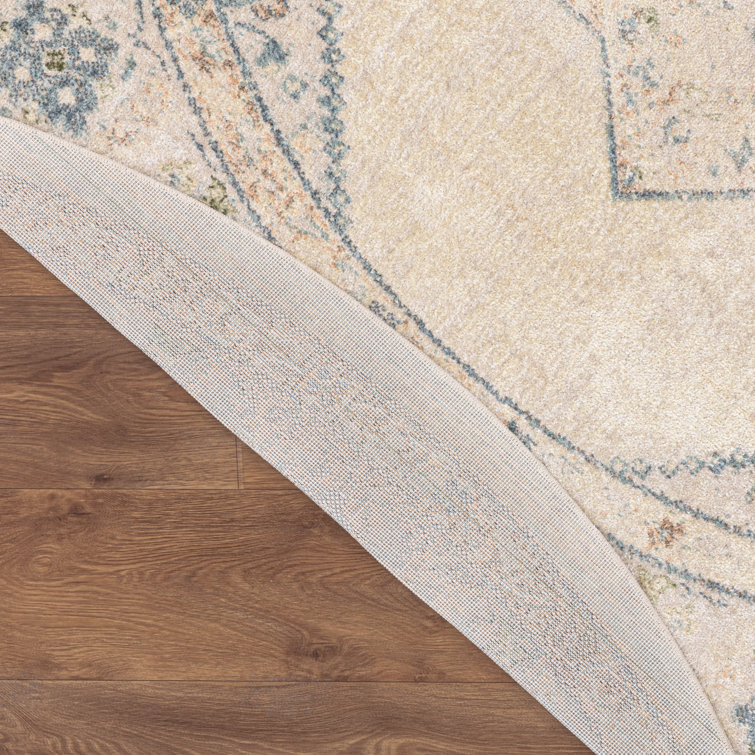 Ivory Blue Round Medallion Machine Washable Area Rug