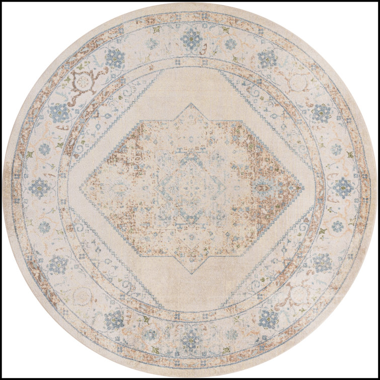 Ivory Blue Round Medallion Machine Washable Area Rug