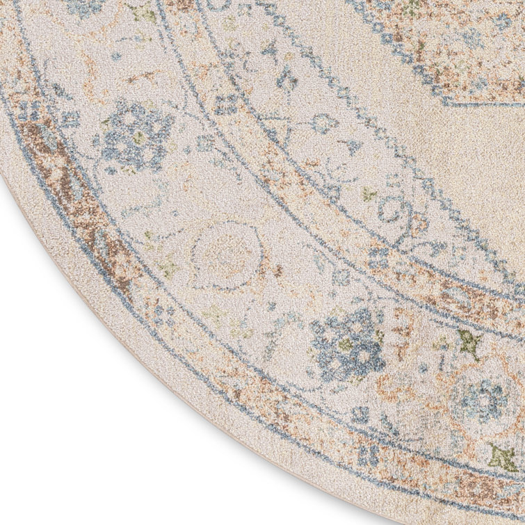 Ivory Blue Round Medallion Machine Washable Area Rug