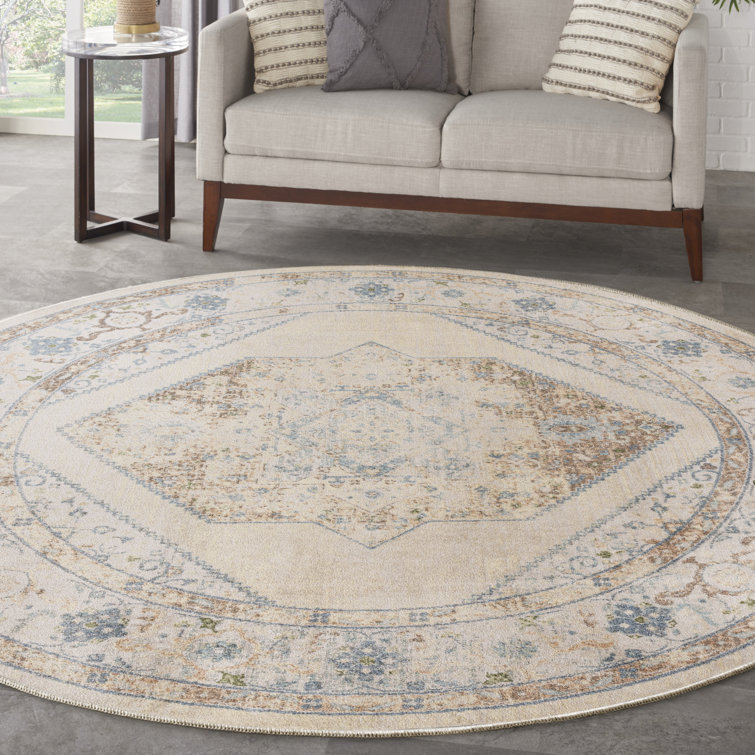 Ivory Blue Round Medallion Machine Washable Area Rug