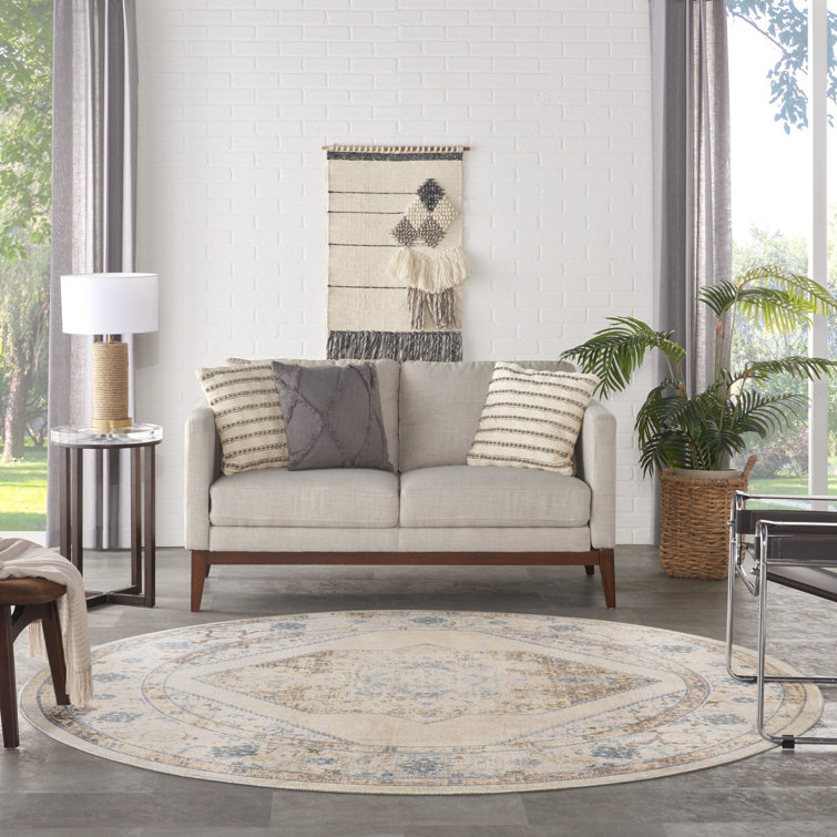 Ivory Blue Round Medallion Machine Washable Area Rug
