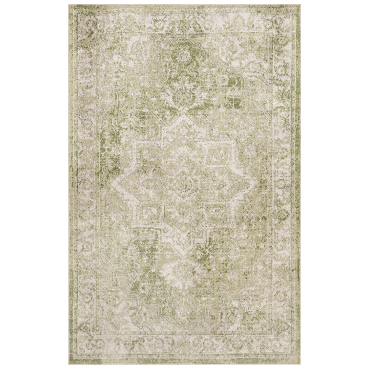 Ivory Green Synthetic Medallion 3'3" x 5' Machine Washable Area Rug