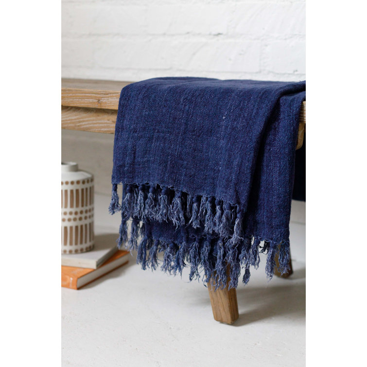 Indigo Montauk King-Size Heavy Linen Throw Blanket with Knotted Fray Edges