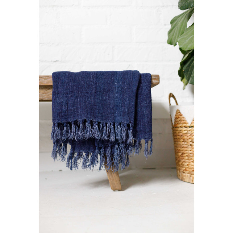 Indigo Montauk King-Size Heavy Linen Throw Blanket with Knotted Fray Edges