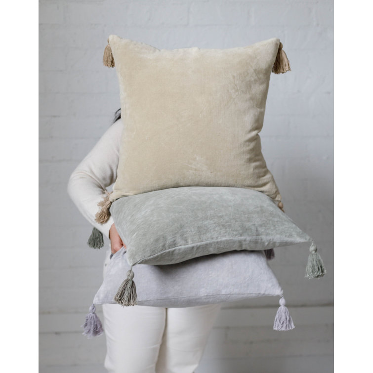 Bianca Light Gray Velvet Square Pillow with Tassels