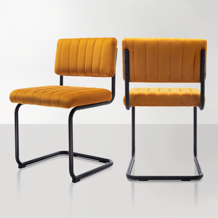 Orange Velvet Upholstered Side Chair with Black Metal Legs, Set of 2