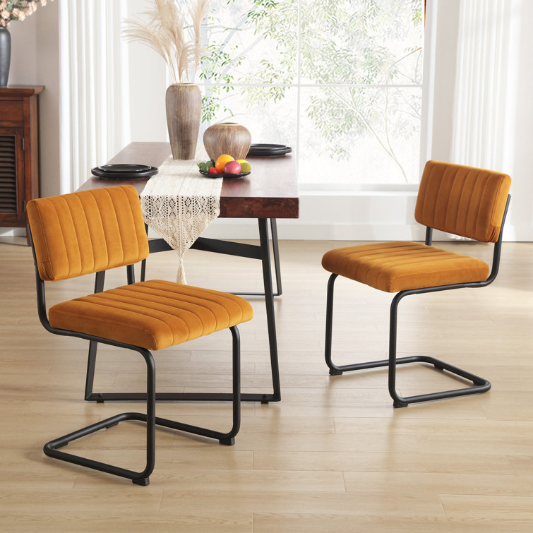 Orange Velvet Upholstered Side Chair with Black Metal Legs, Set of 2