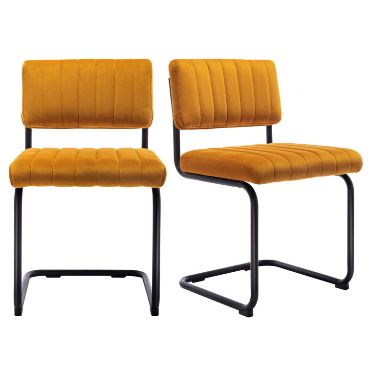 Orange Velvet Upholstered Side Chair with Black Metal Legs, Set of 2