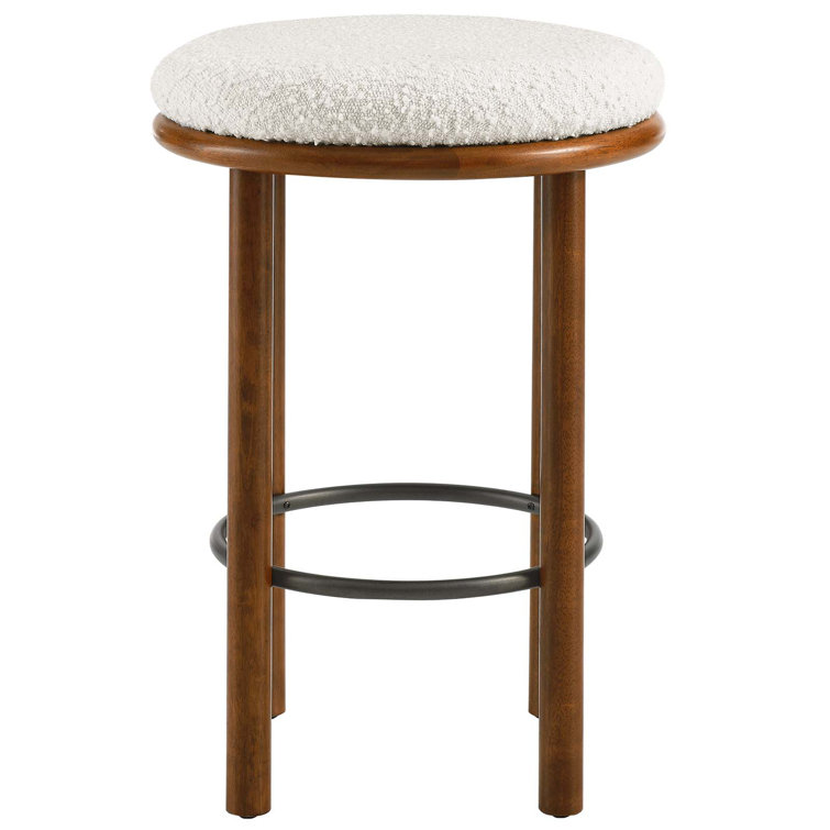 Walnut Ivory Backless Boucle Counter Stools with Wood Legs