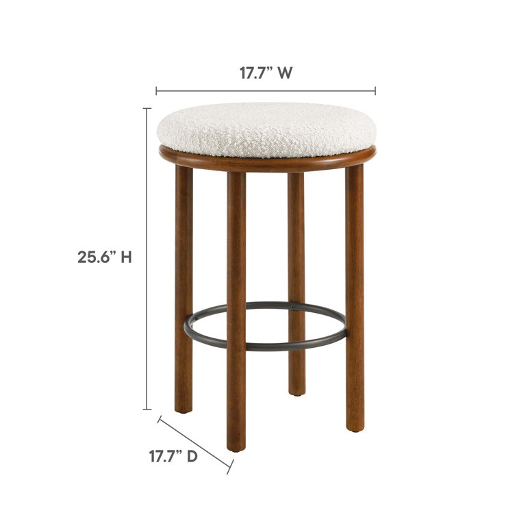 Walnut Ivory Backless Boucle Counter Stools with Wood Legs