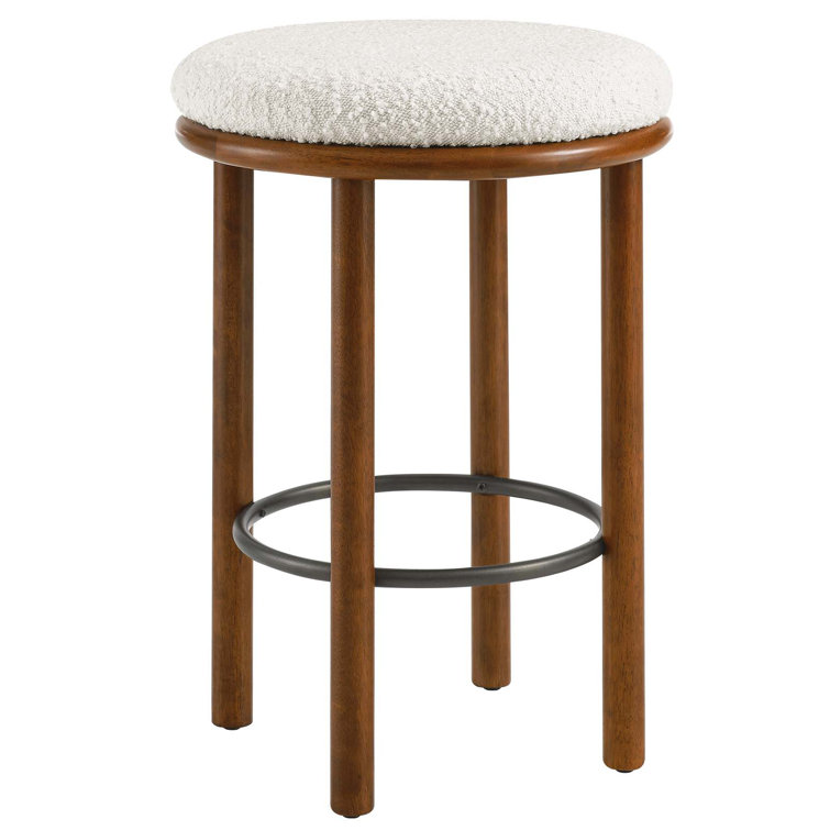 Walnut Ivory Backless Boucle Counter Stools with Wood Legs