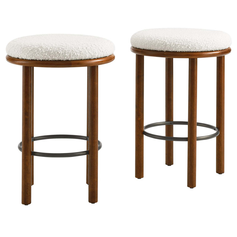 Walnut Ivory Backless Boucle Counter Stools with Wood Legs