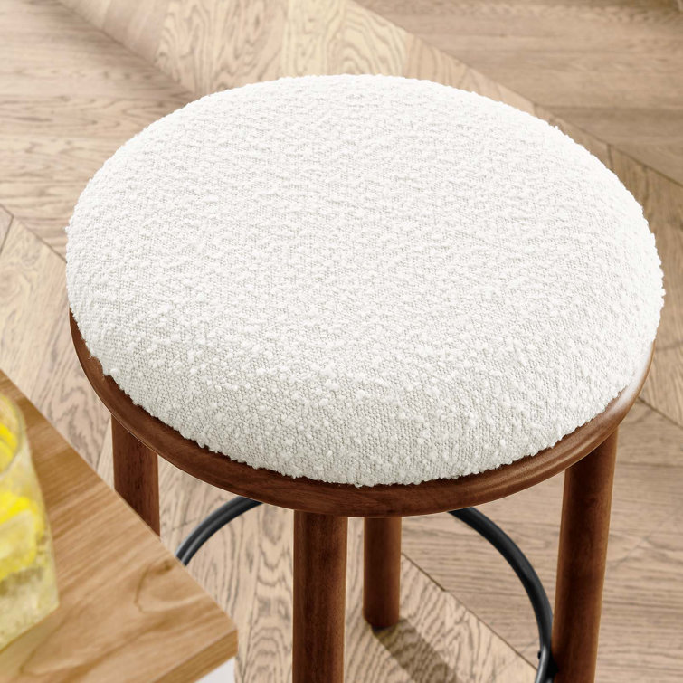 Walnut Ivory Backless Boucle Counter Stools with Wood Legs