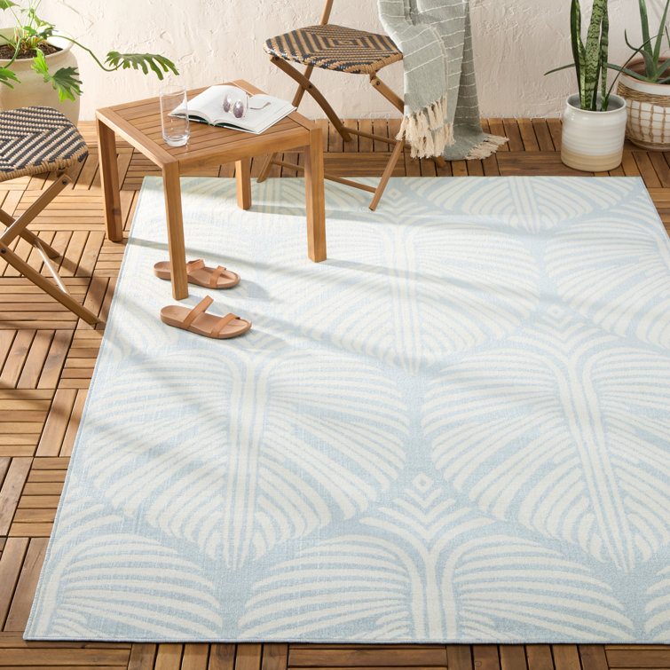 Lanai Blue and Ivory Palm Leaves Rectangular Area Rug