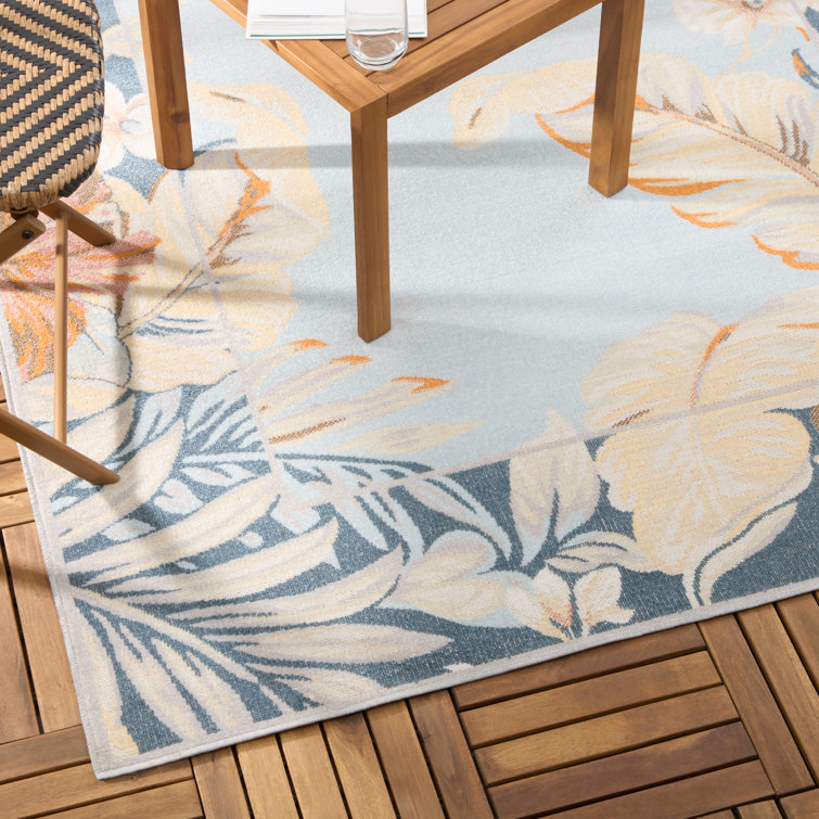 Bimini Blooming Border Blue and Coral Synthetic Rectangular Rug