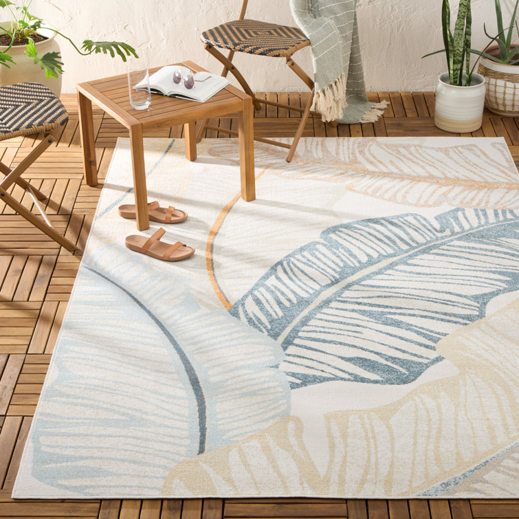Ivory and Multicolor Synthetic Palm Fronds Indoor/Outdoor Rug