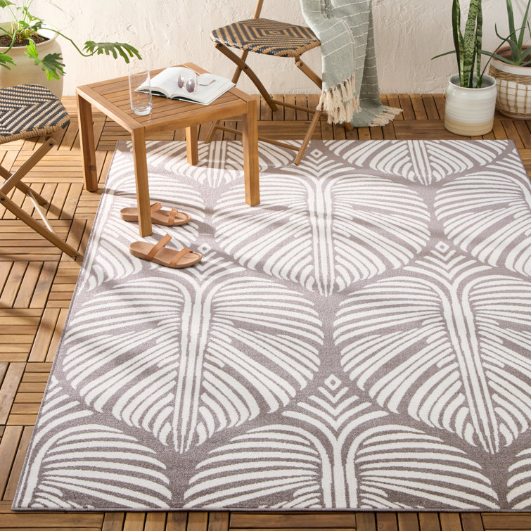 Dark Grey and Ivory Synthetic Palm Leaf Indoor/Outdoor Area Rug