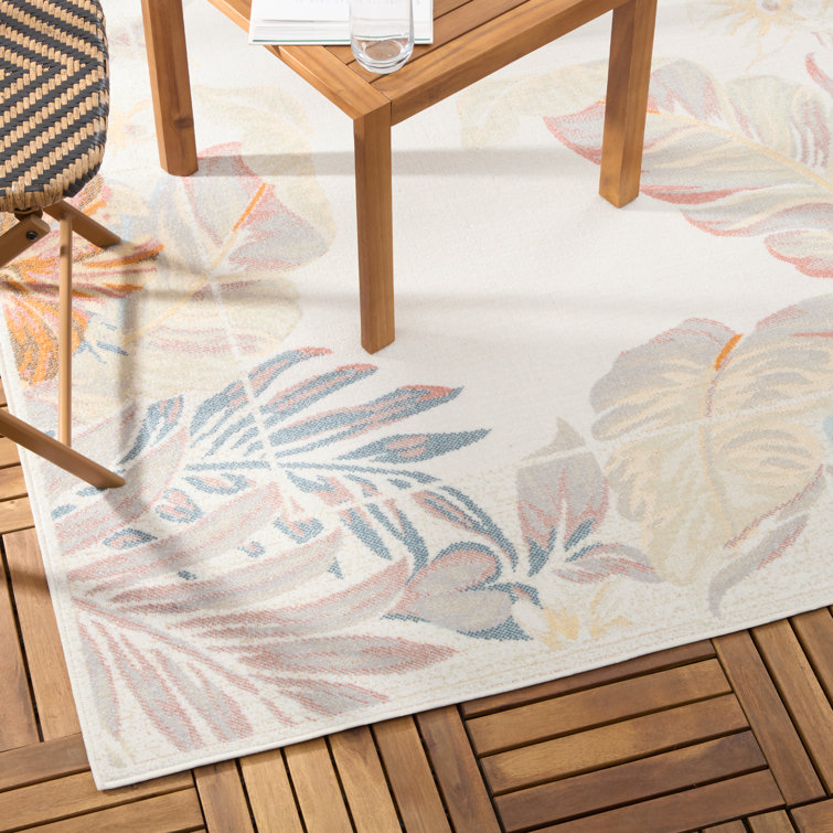 Ivory Blue Coral Tropical Border Rectangular Synthetic Rug