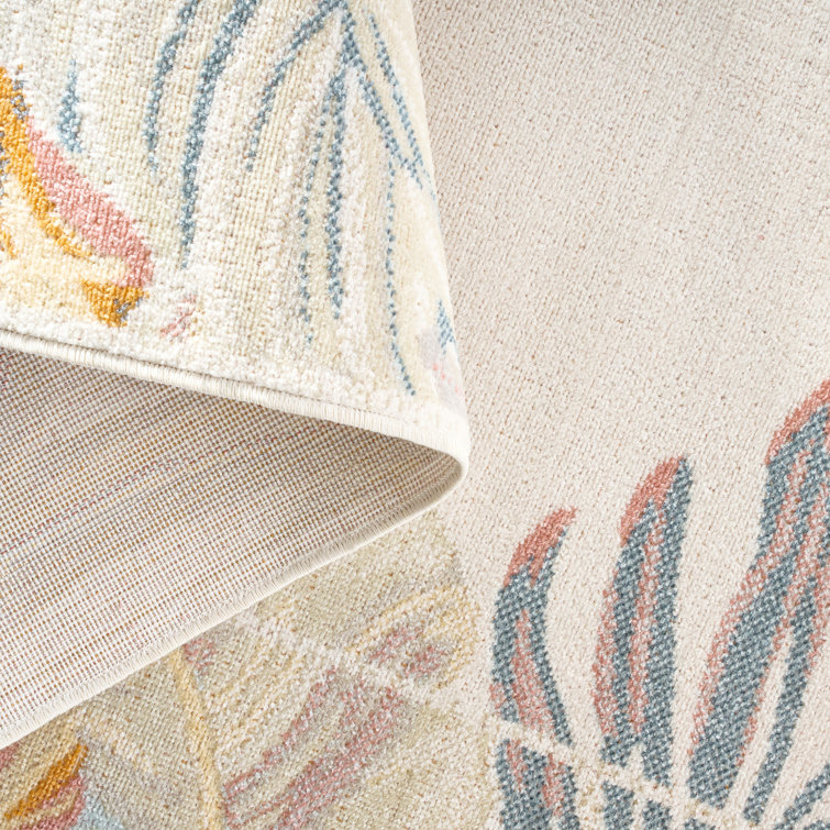 Ivory Blue Coral Tropical Border Rectangular Synthetic Rug